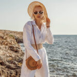 Fashionable,Woman,Wearing,Luxury,White,Linen,Suit,,Sunglasses,,Straw,Hat,